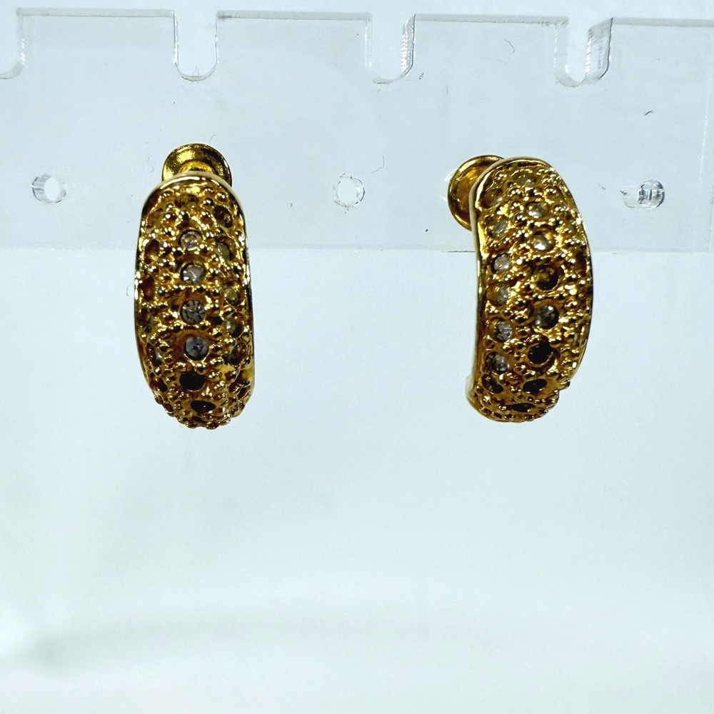 Roman Rhinestone‎ Half Hoop Earrings Pierced Gold Tone Glam Sparkle Classic